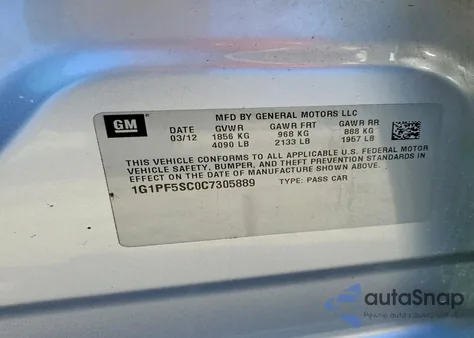 2012 Chevrolet Cruze Lt z USA, uszkodzony, nr VIN 1G1PF5SC0C7305889